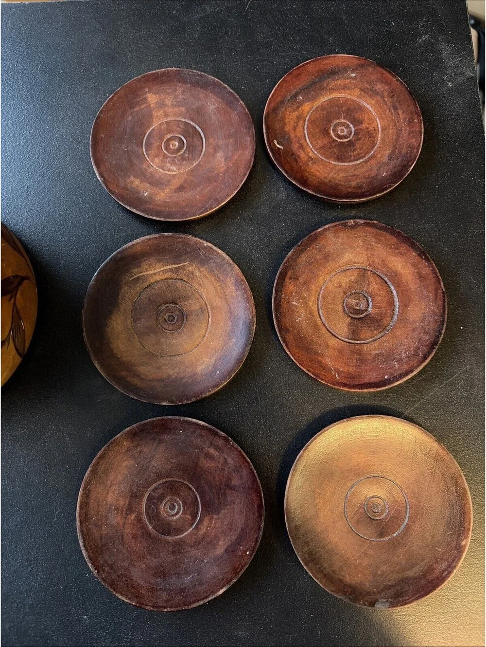 Vintage Wood Coasters set of 6 Round Box & Lid Hand Carved